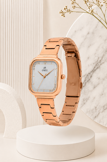 ONEX Rose Gold Square Dial Analog Watch for Women | Crystal Accent Dial | Metal Strap