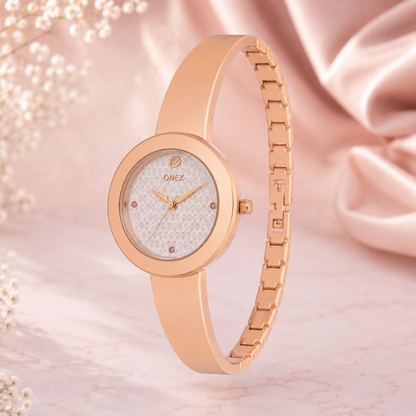 OneX Premium Rose Gold Analog Watch | Crystal-Studded Dial & Metal Bracelet