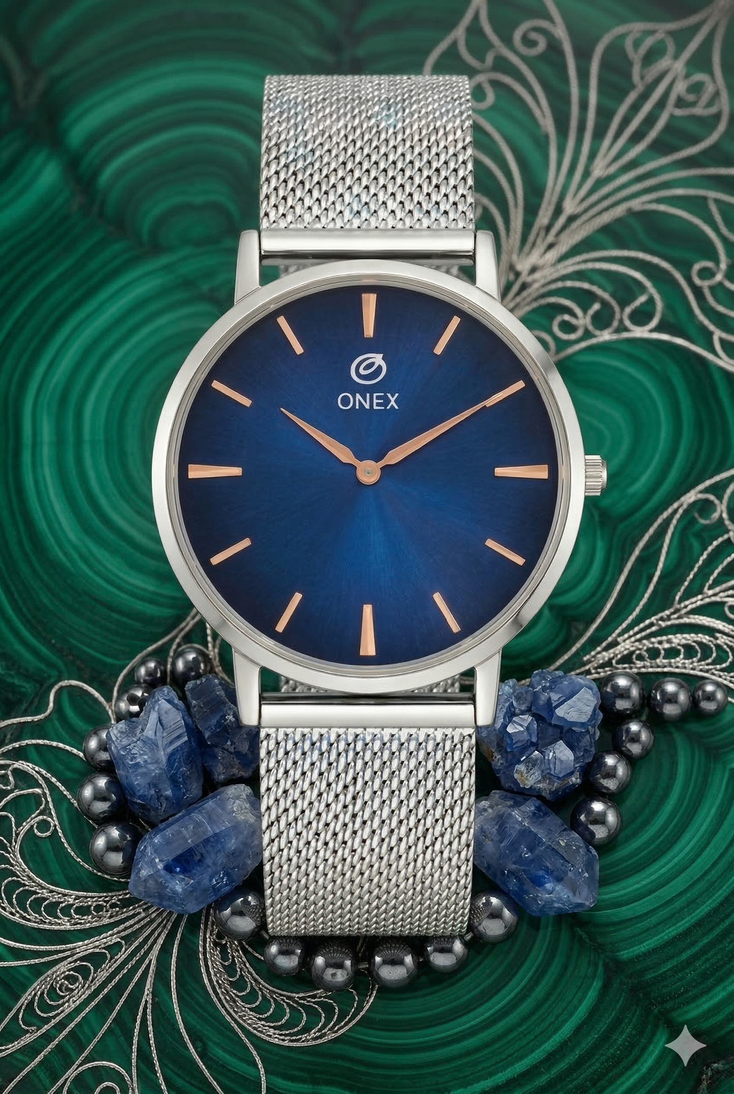 ONEX Men’s Analog Watch with Blue Sunray Dial & Silver Stainless Steel Mesh Strap | Minimal Classic Design