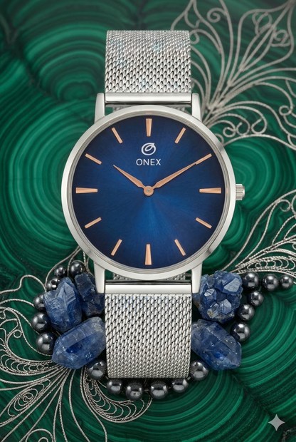 ONEX Men’s Analog Watch with Blue Sunray Dial & Silver Stainless Steel Mesh Strap | Minimal Classic Design