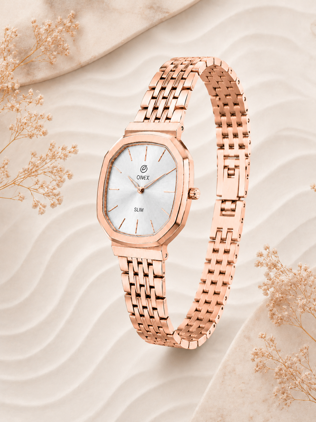 Onex Slim Rose Gold Stainless Steel Analog Watch for Women | Silver Sunray Dial | Elegant Bracelet Strap