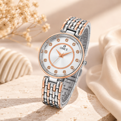 Onex Women’s Silver Analog Watch with Crystal Studded Dial & Dual Tone Bracelet Strap