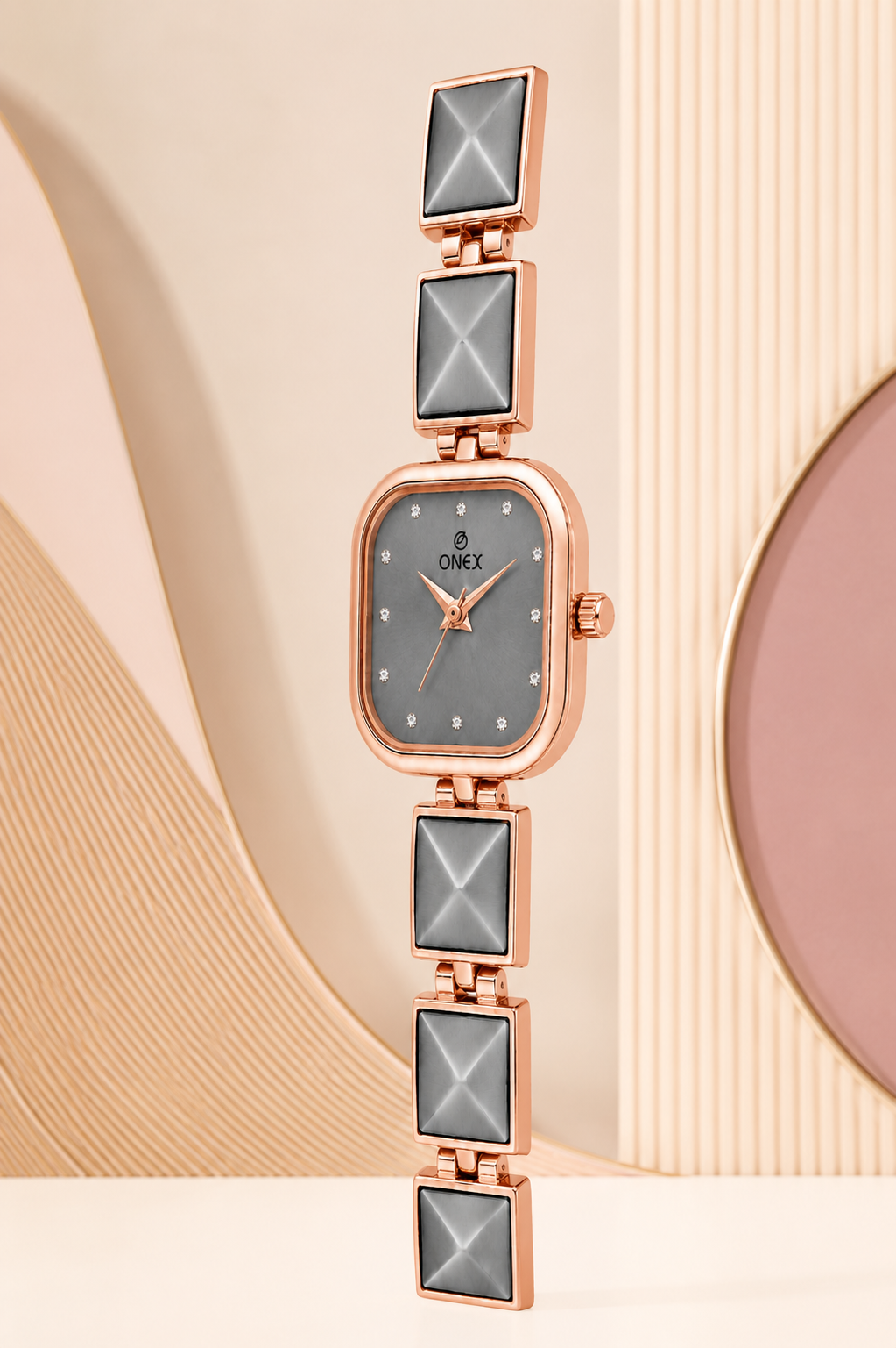ONEX Women’s Rose Gold Square Dial Bracelet Watch with Crystal Studded Grey Dial