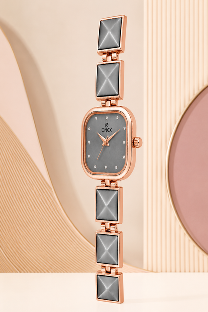 ONEX Women’s Rose Gold Square Dial Bracelet Watch with Crystal Studded Grey Dial