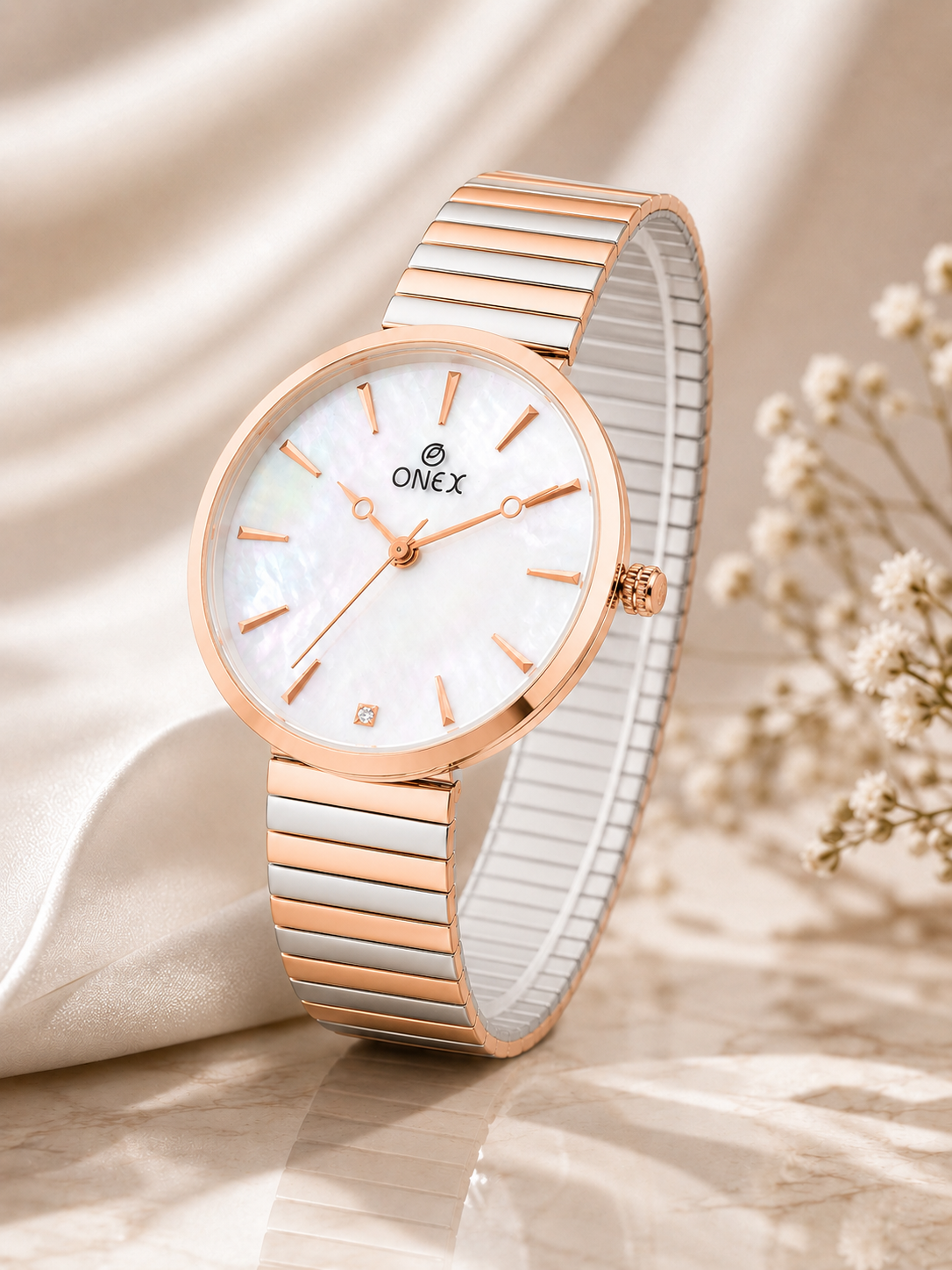 Onex Women’s Rose Gold White Pearl Dial Slim Bracelet Watch