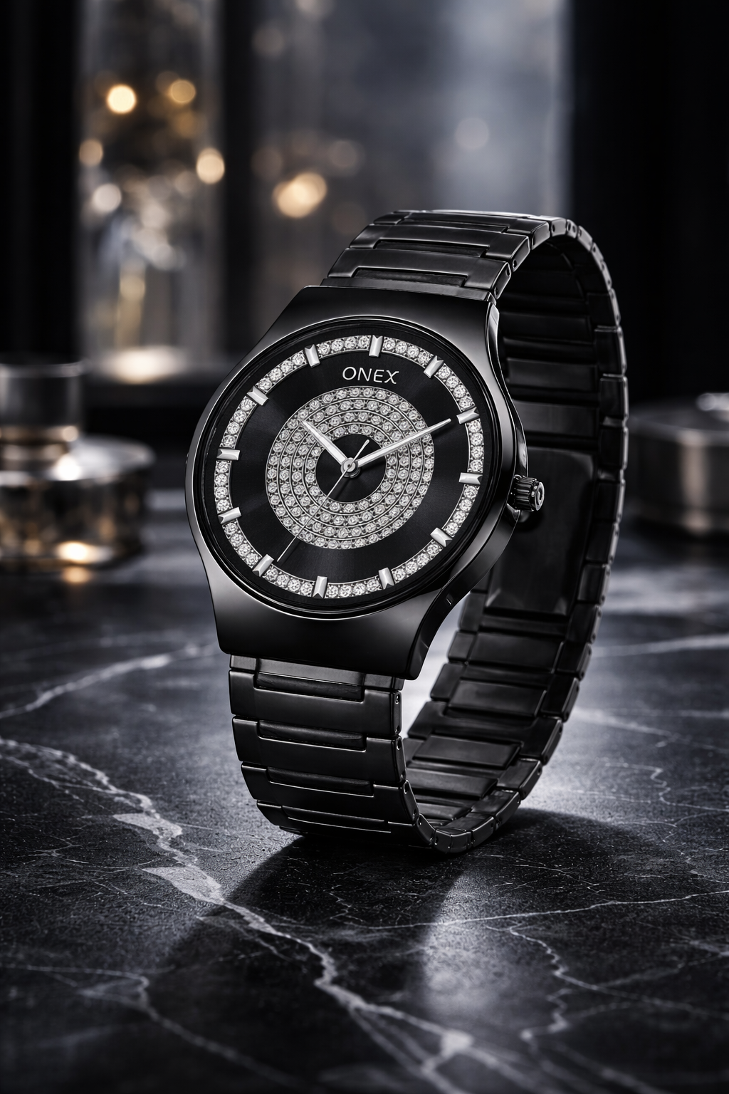 ONEX Luxury Black Dial Analog Watch with Crystal Studded Design & Black Stainless Steel Strap