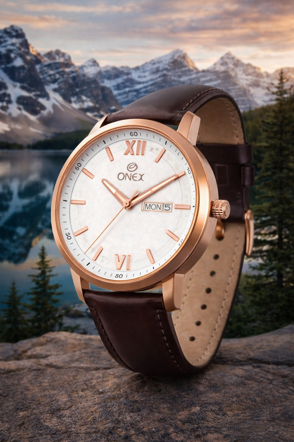 ONEX Men's Day & Date Analog Watch – Silver Dial, Rose Gold Case & Brown Leather Strap