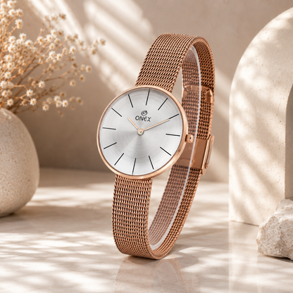 ONEX Women’s Rose Gold Analog Watch with Minimalist Dial & Mesh Metal Strap