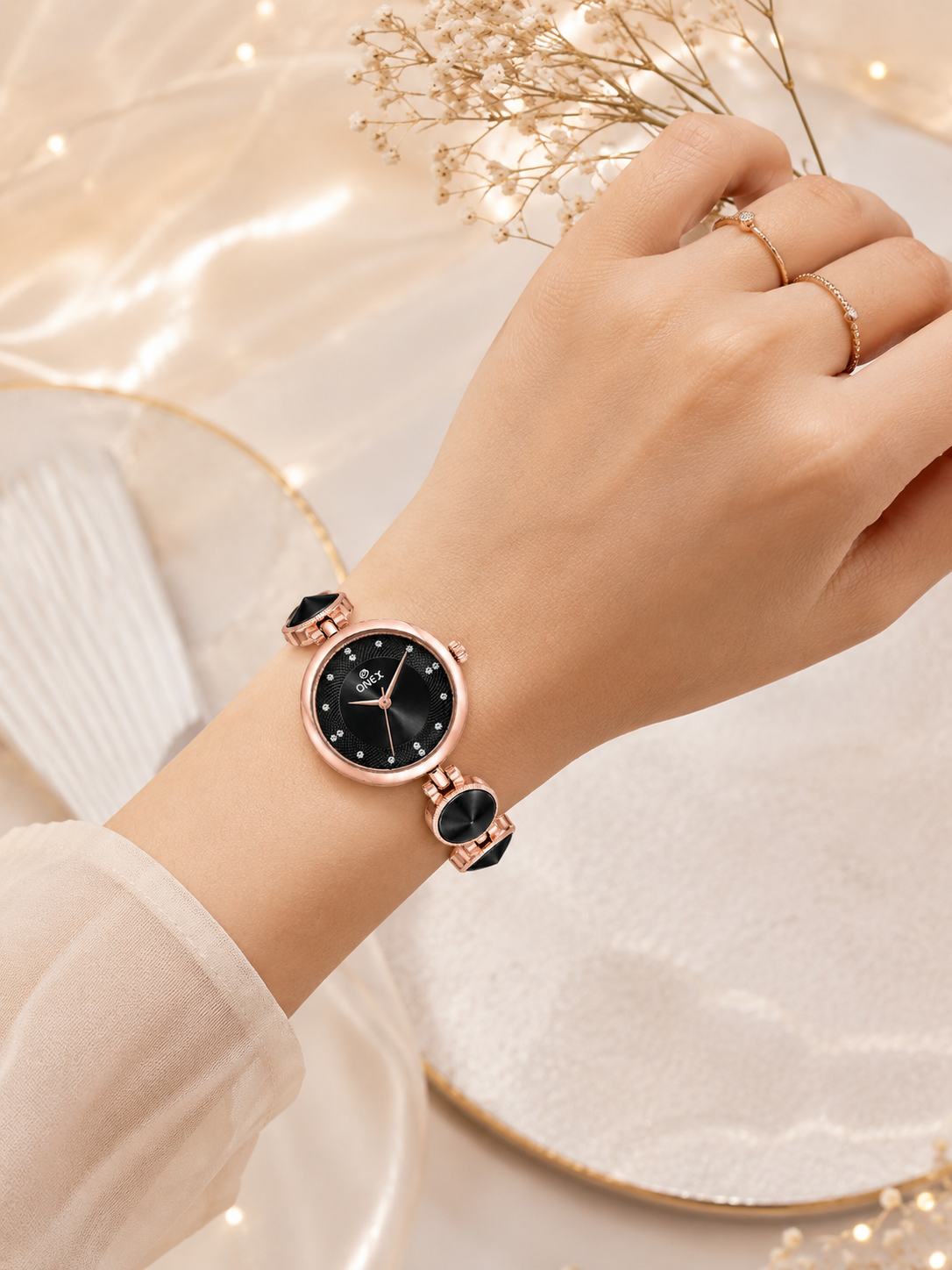 Onex Women’s Rose Gold Designer Bracelet Watch with Black Textured Dial