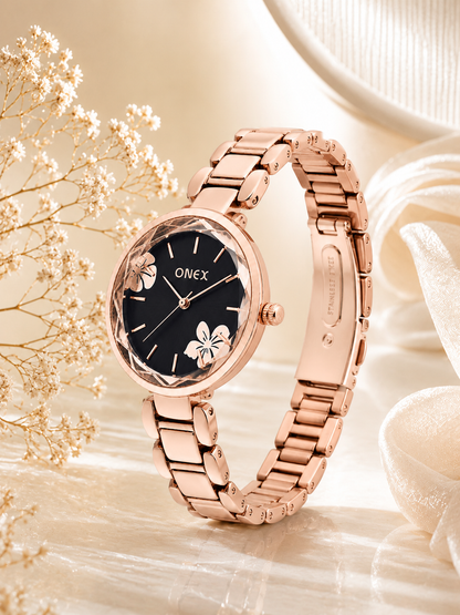 ONEX Women's Rose Gold Analog Watch | Floral Sunray Black Dial | Premium Bracelet Strap | Quartz Movement | Elegant Dress Watch