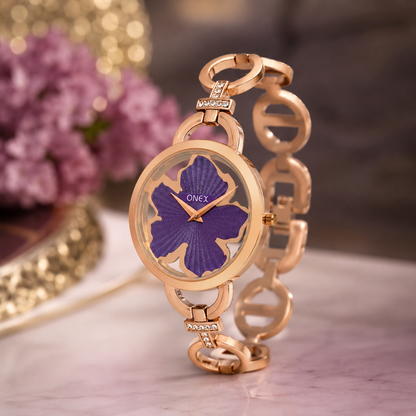 ONEX Rose Gold Women’s Bracelet Watch with Purple Textured Dial & Crystal Accents