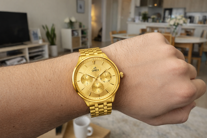 ONEX Men's Premium Multifunction Analog Watch for Men | Gold Sunray Dial | Gold Stainless Steel Bracelet | Quartz Movement | Stylish Casual & Formal Wrist Watch
