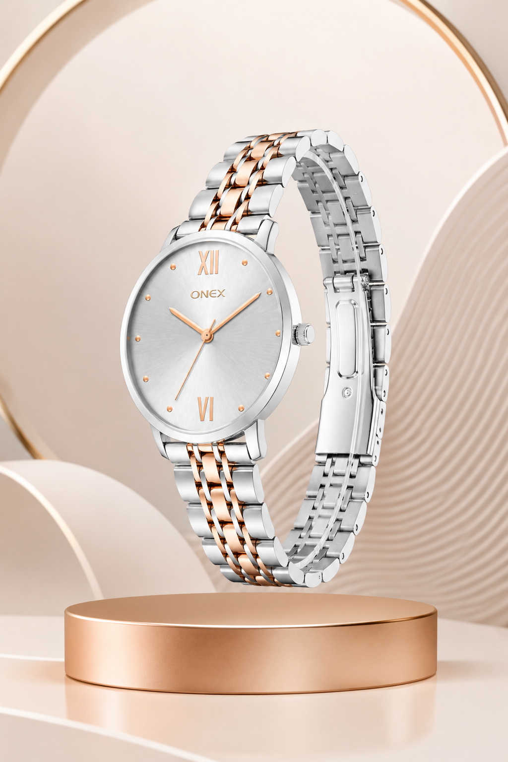 ONEX Women's Analog Wrist Watch for women | Two Tone Stainless Steel Bracelet Strap | Silver Sunray Dial | Premium Casual & Formal Watch