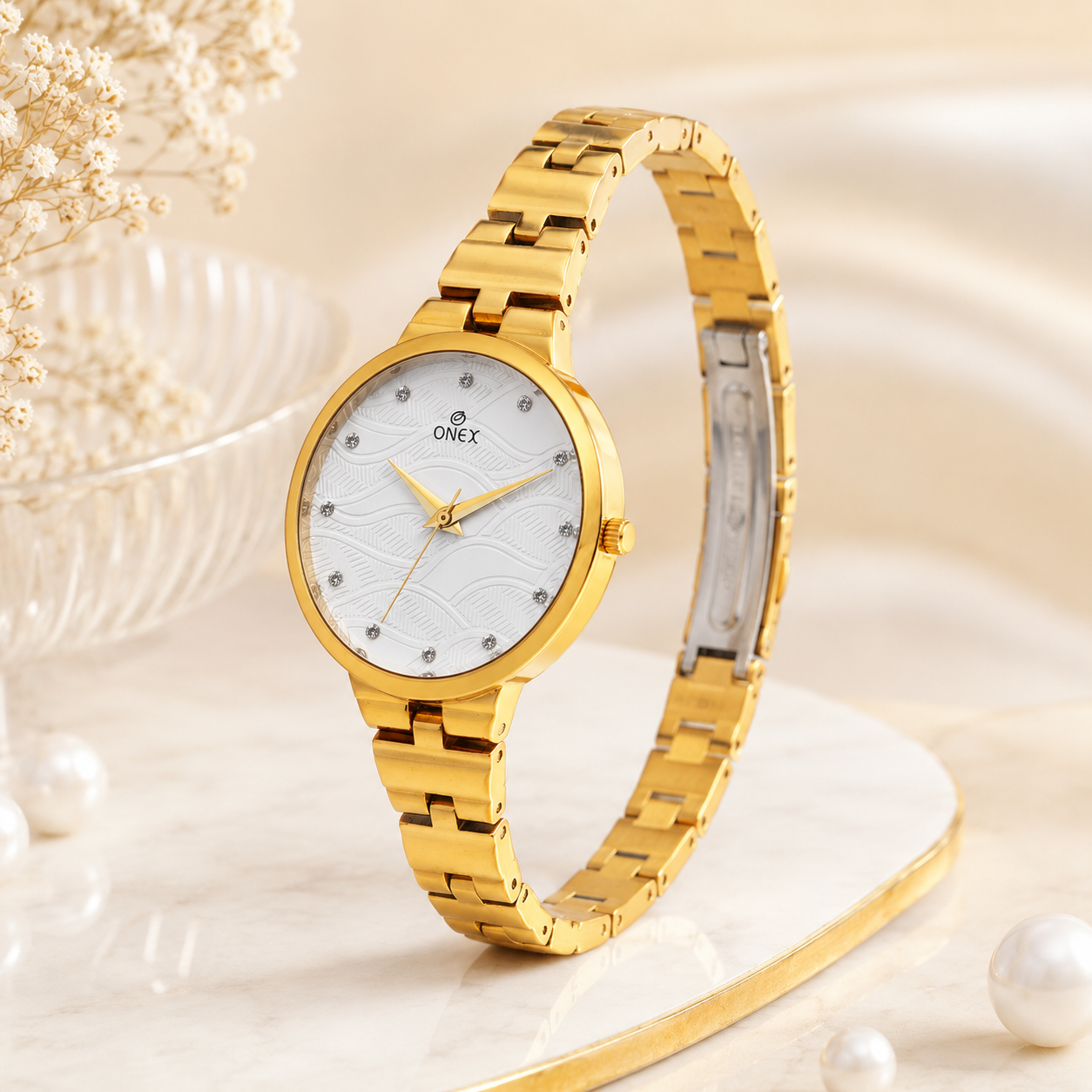 ONEX Stylish Gold Bracelet Watch for Women with Designer Textured Dial