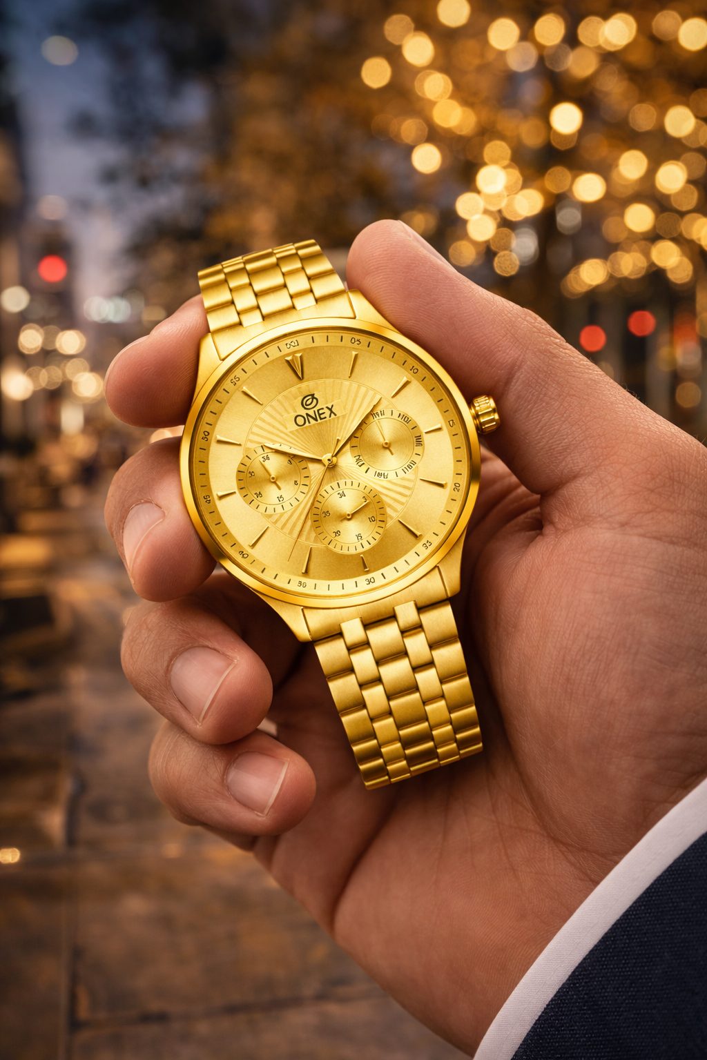 ONEX Men's Premium Multifunction Analog Watch for Men | Gold Sunray Dial | Gold Stainless Steel Bracelet | Quartz Movement | Stylish Casual & Formal Wrist Watch