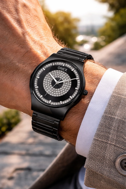 ONEX Luxury Black Dial Analog Watch with Crystal Studded Design & Black Stainless Steel Strap