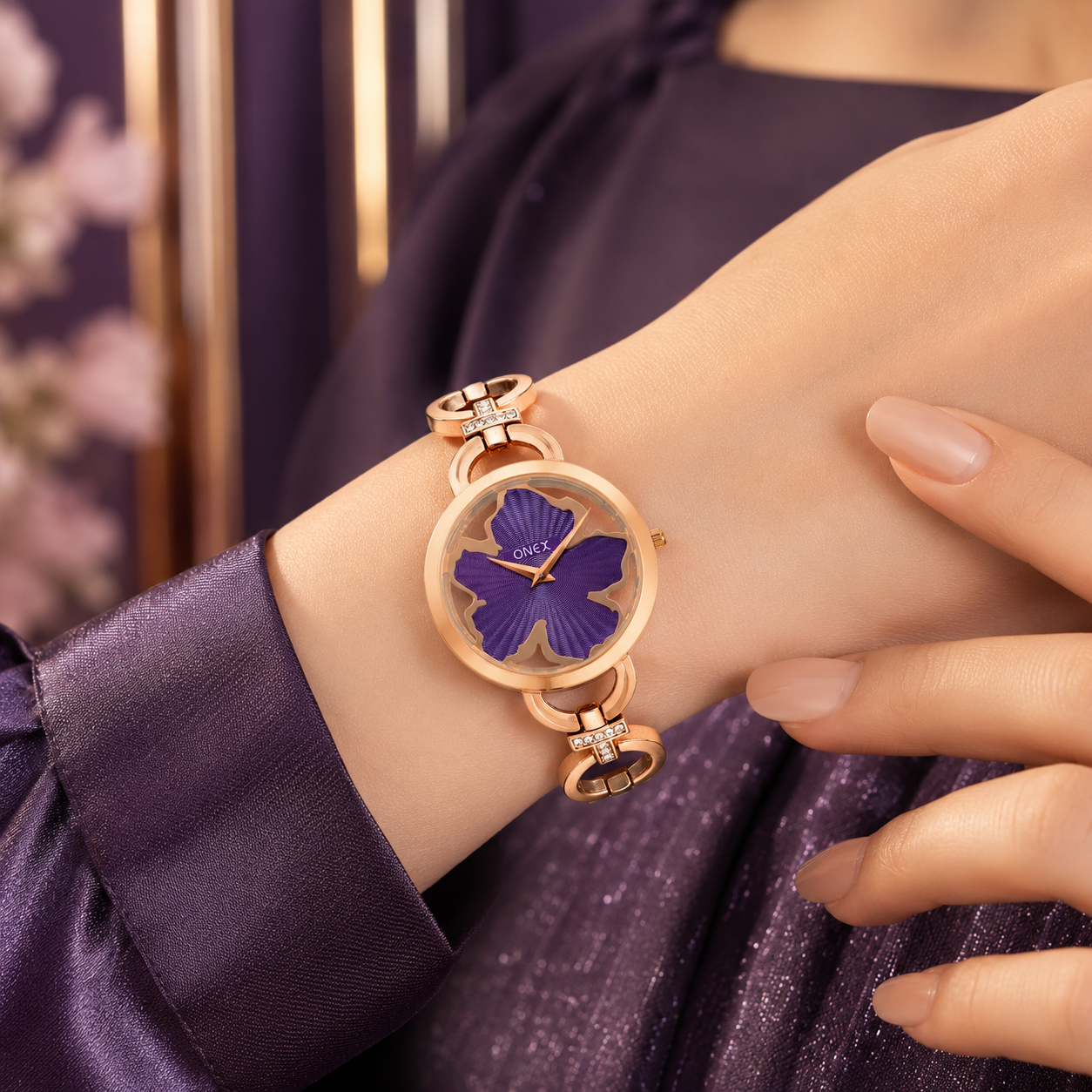ONEX Rose Gold Women’s Bracelet Watch with Purple Textured Dial & Crystal Accents