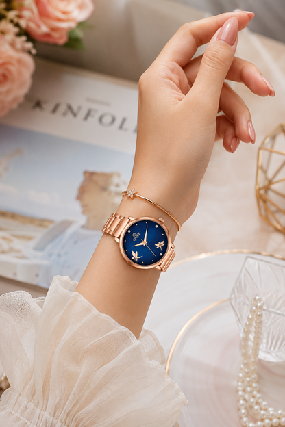 Onex Women’s Rose Gold Bracelet Watch with Crystal Markers & Dragonfly Dial