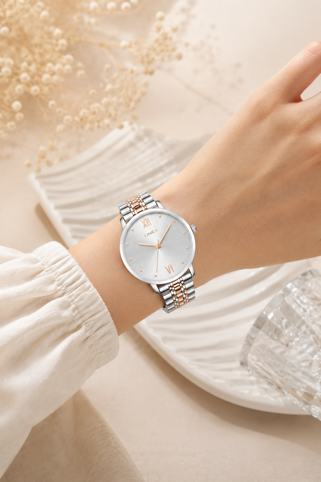 ONEX Women's Analog Wrist Watch for women | Two Tone Stainless Steel Bracelet Strap | Silver Sunray Dial | Premium Casual & Formal Watch