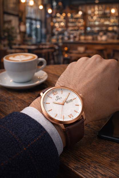ONEX Men's Day & Date Analog Watch – Silver Dial, Rose Gold Case & Brown Leather Strap