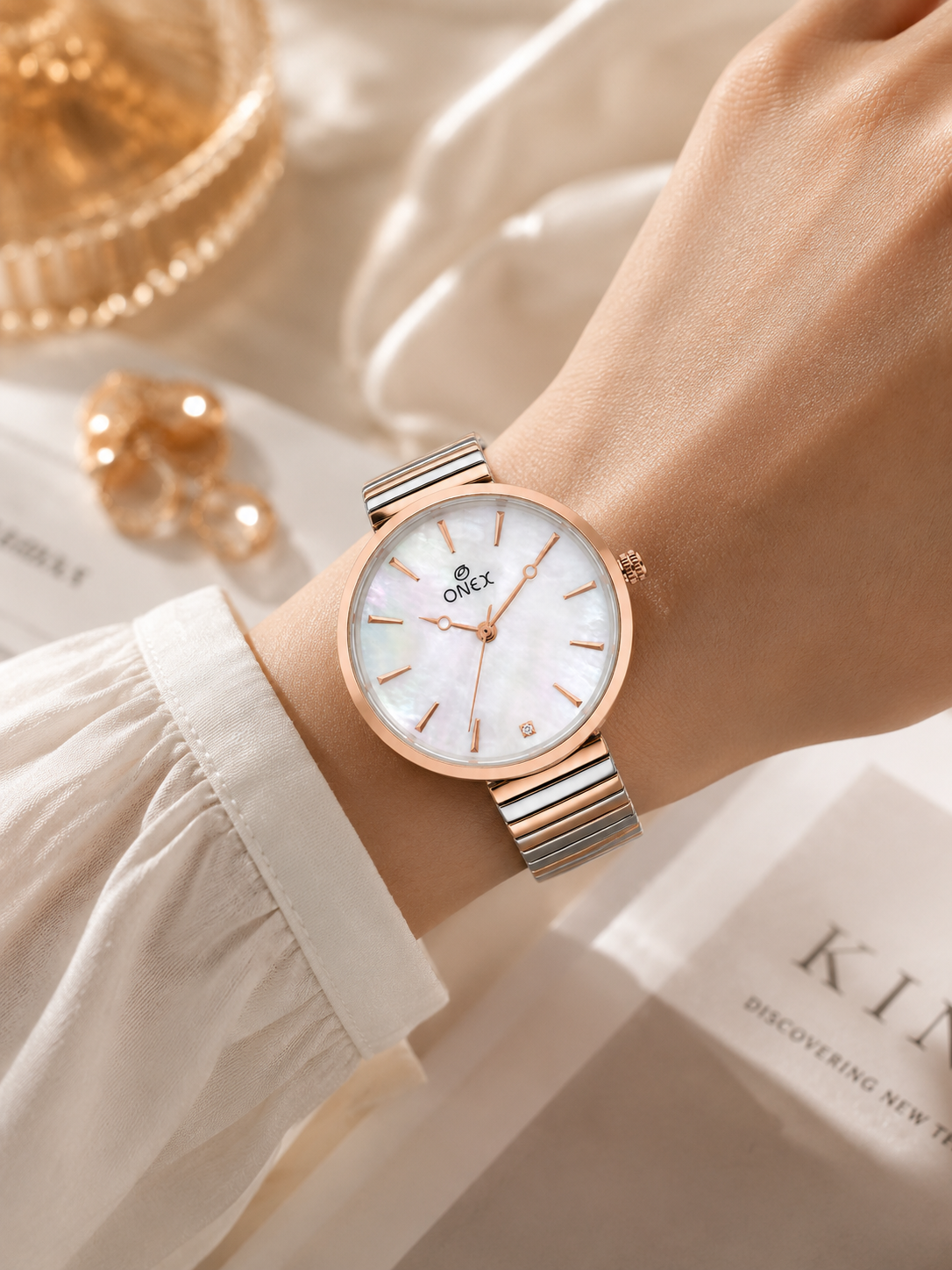 Onex Women’s Rose Gold White Pearl Dial Slim Bracelet Watch