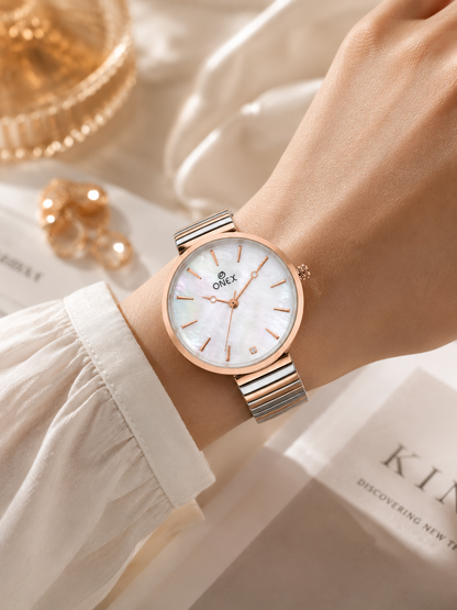 Onex Women’s Rose Gold White Pearl Dial Slim Bracelet Watch