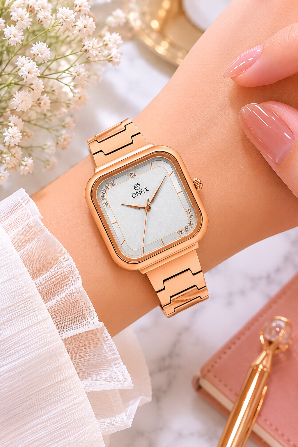 ONEX Rose Gold Square Dial Analog Watch for Women | Crystal Accent Dial | Metal Strap
