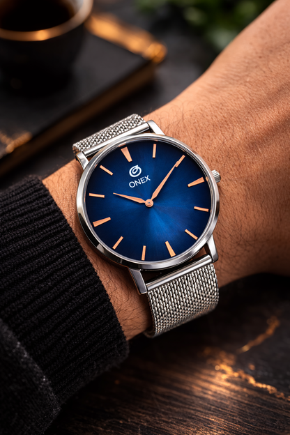 ONEX Men’s Analog Watch with Blue Sunray Dial & Silver Stainless Steel Mesh Strap | Minimal Classic Design