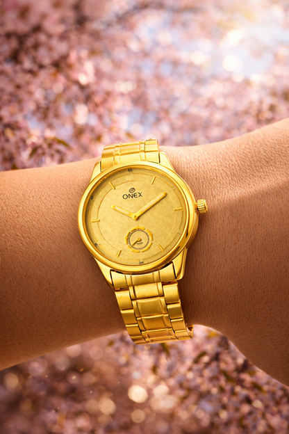 ONEX Men’s Analog Golden Dial Watch with Gold Tone Markers & Stainless Steel Golden Strap – Stylish Casual & Formal Watch