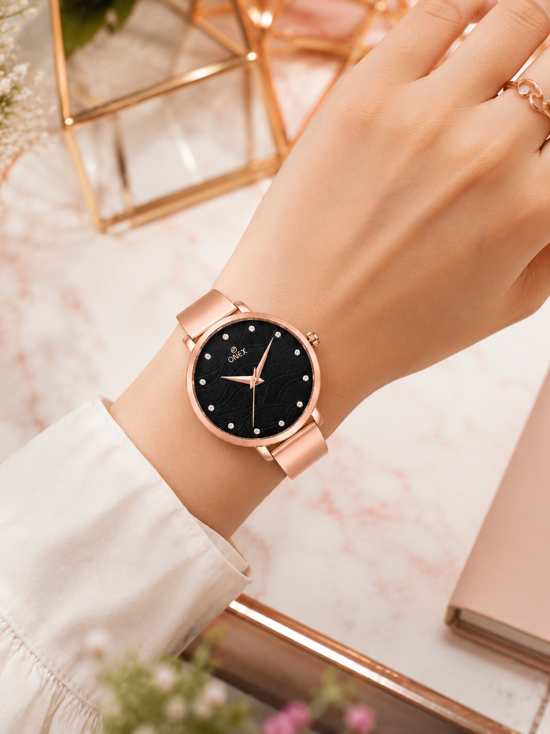 ONEX Women's Rose Gold Stainless Steel Analog Watch | Textured Black Dial with Crystal Hour Markers | Elegant Bracelet Strap | Fashion Wrist Watch for Women