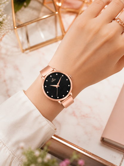 ONEX Women's Rose Gold Stainless Steel Analog Watch | Textured Black Dial with Crystal Hour Markers | Elegant Bracelet Strap | Fashion Wrist Watch for Women