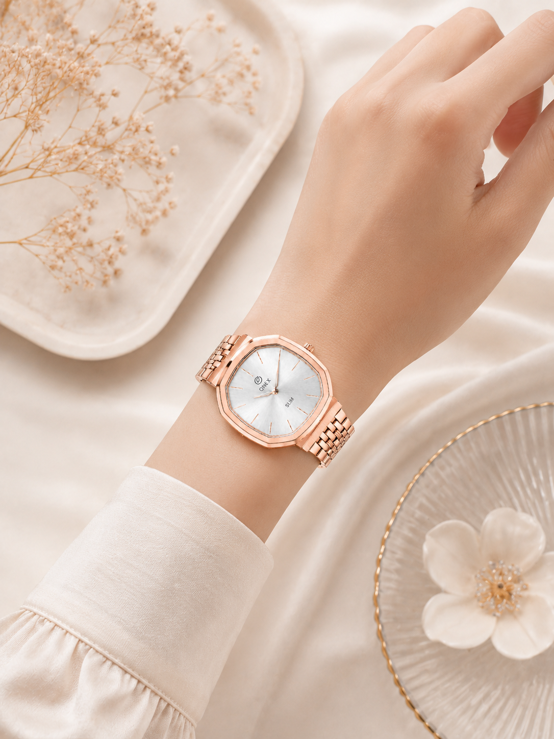 Onex Slim Rose Gold Stainless Steel Analog Watch for Women | Silver Sunray Dial | Elegant Bracelet Strap