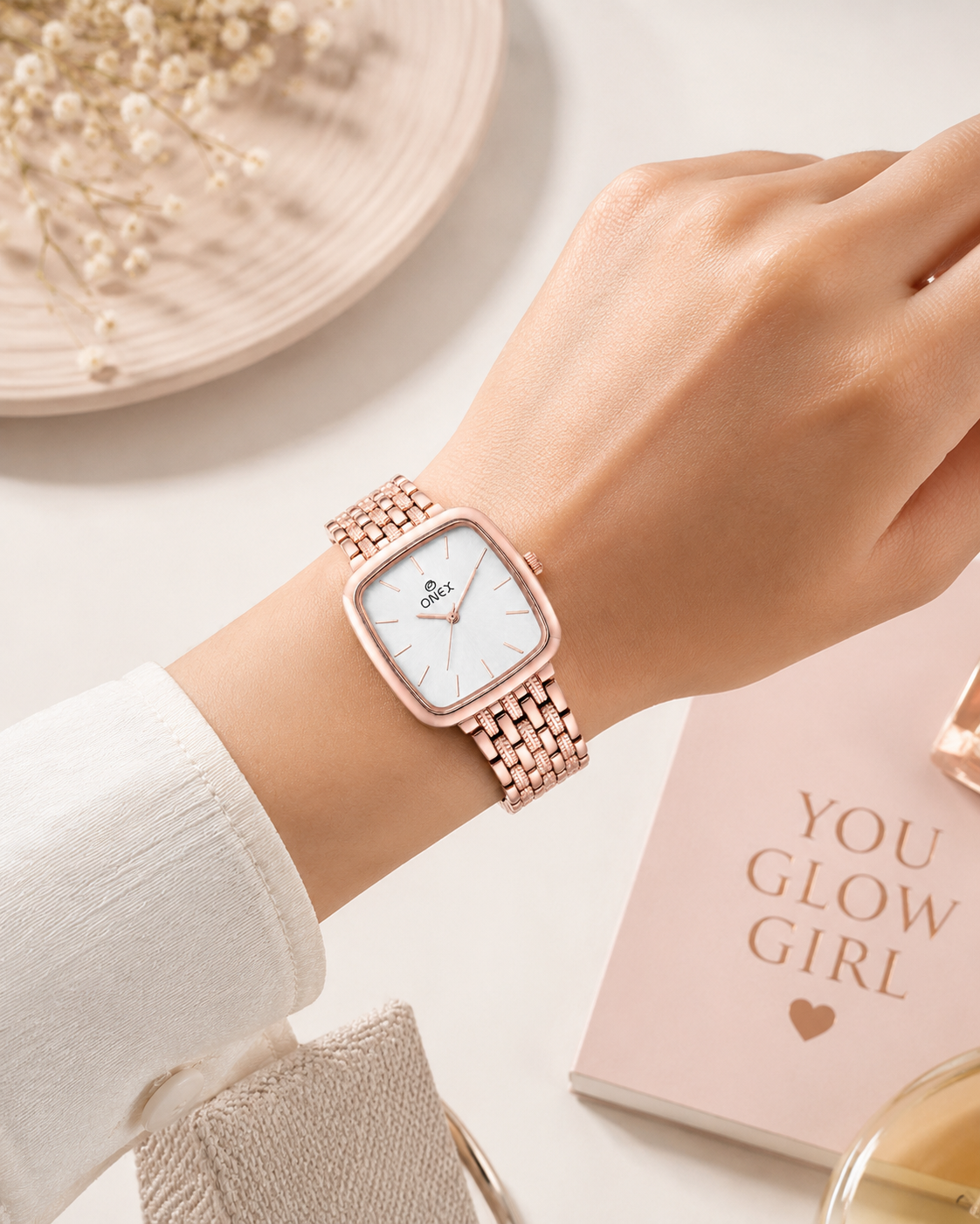 ONEX Women's Analog Rose Gold Stainless Steel Bracelet Watch | Square Silver Dial | Elegant Casual & Party Wear Wrist Watch for Women