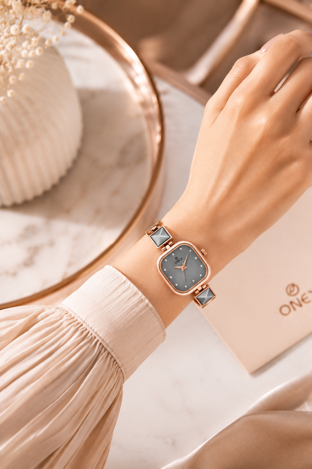 ONEX Women’s Rose Gold Square Dial Bracelet Watch with Crystal Studded Grey Dial