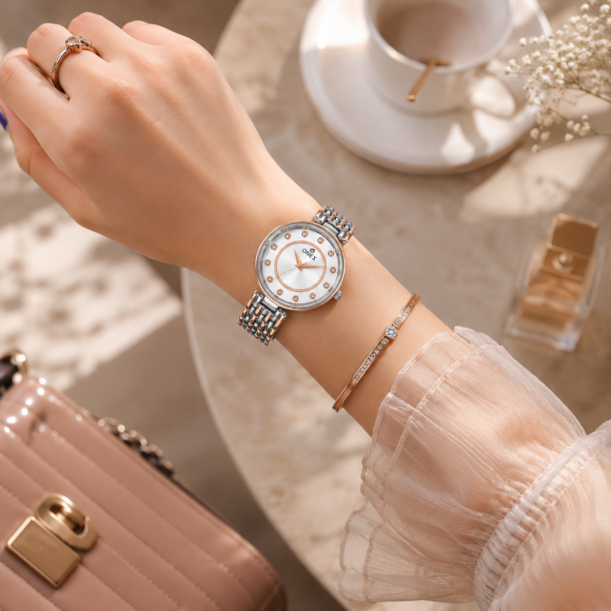 Onex Women’s Silver Analog Watch with Crystal Studded Dial & Dual Tone Bracelet Strap