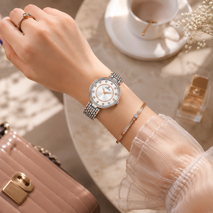 Onex Women’s Silver Analog Watch with Crystal Studded Dial & Dual Tone Bracelet Strap