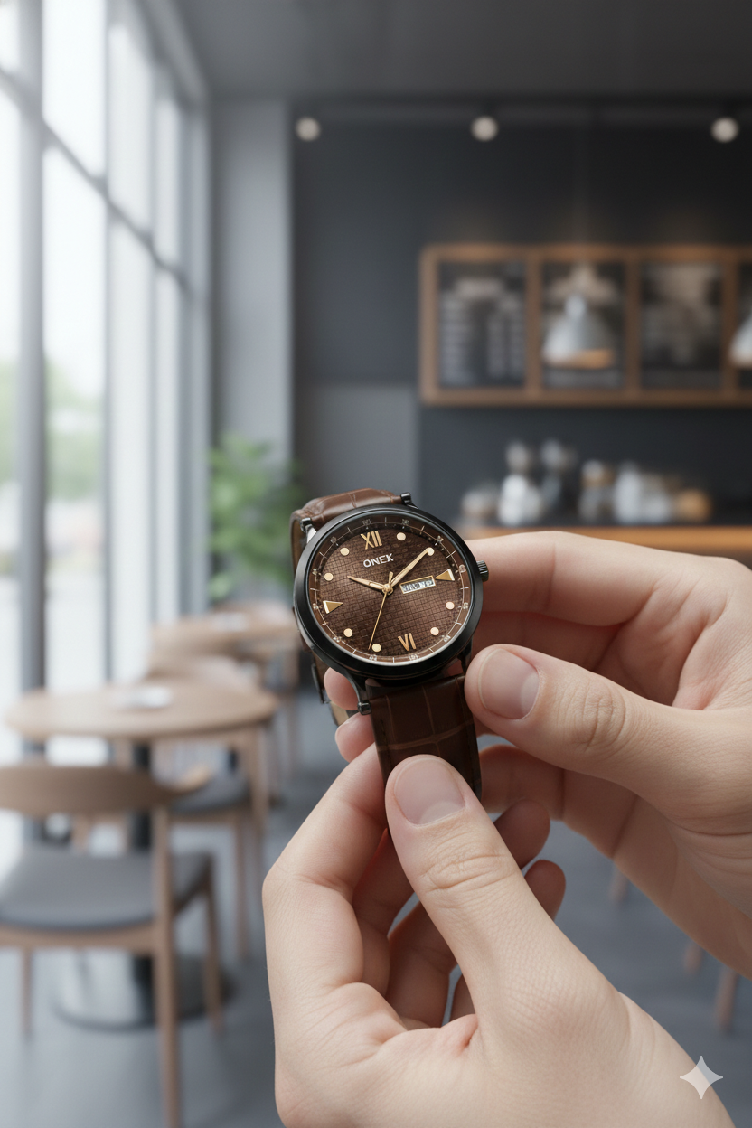ONEX Men’s Analog Watch with Day & Date Display, Brown Textured Dial, Brown Leather Strap, Roman Index – Stylish Formal Wrist Watch for Men