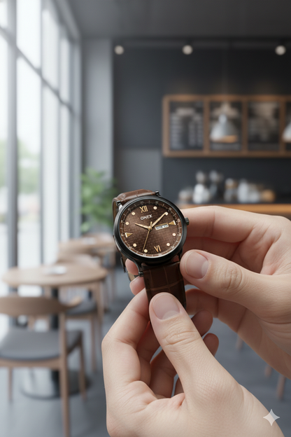 ONEX Men’s Analog Watch with Day & Date Display, Brown Textured Dial, Brown Leather Strap, Roman Index – Stylish Formal Wrist Watch for Men