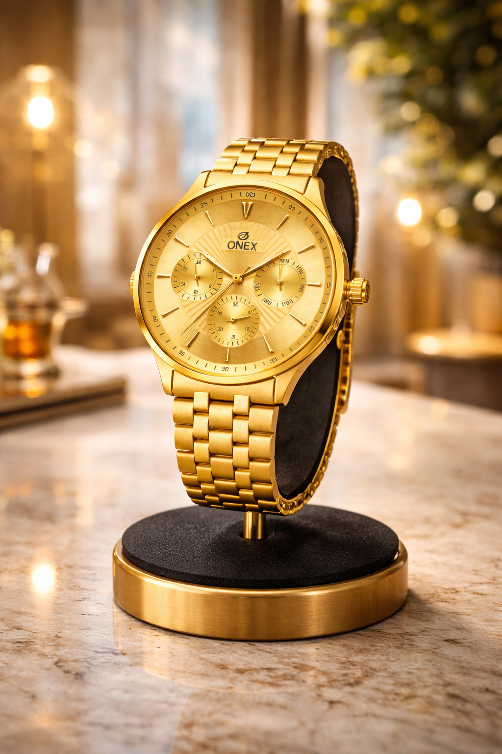 ONEX Men's Premium Multifunction Analog Watch for Men | Gold Sunray Dial | Gold Stainless Steel Bracelet | Quartz Movement | Stylish Casual & Formal Wrist Watch