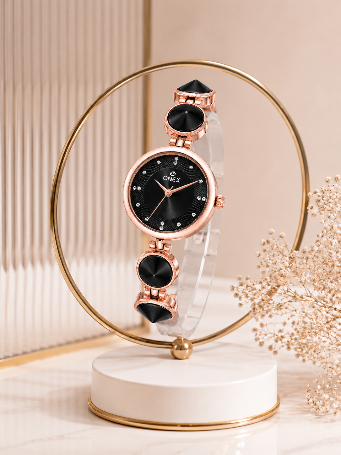 Onex Women’s Rose Gold Designer Bracelet Watch with Black Textured Dial
