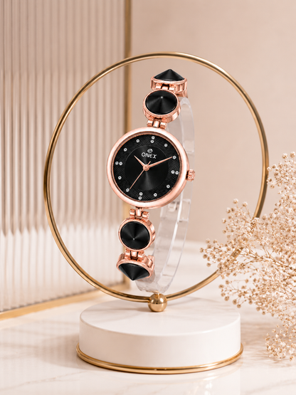 Onex Women’s Rose Gold Designer Bracelet Watch with Black Textured Dial