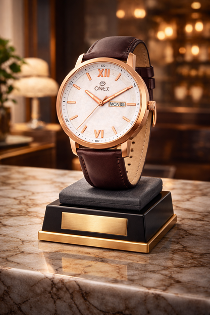 ONEX Men's Day & Date Analog Watch – Silver Dial, Rose Gold Case & Brown Leather Strap