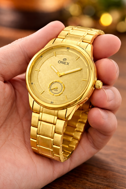 ONEX Men’s Analog Golden Dial Watch with Gold Tone Markers & Stainless Steel Golden Strap – Stylish Casual & Formal Watch