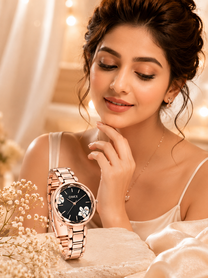 ONEX Women's Rose Gold Analog Watch | Floral Sunray Black Dial | Premium Bracelet Strap | Quartz Movement | Elegant Dress Watch