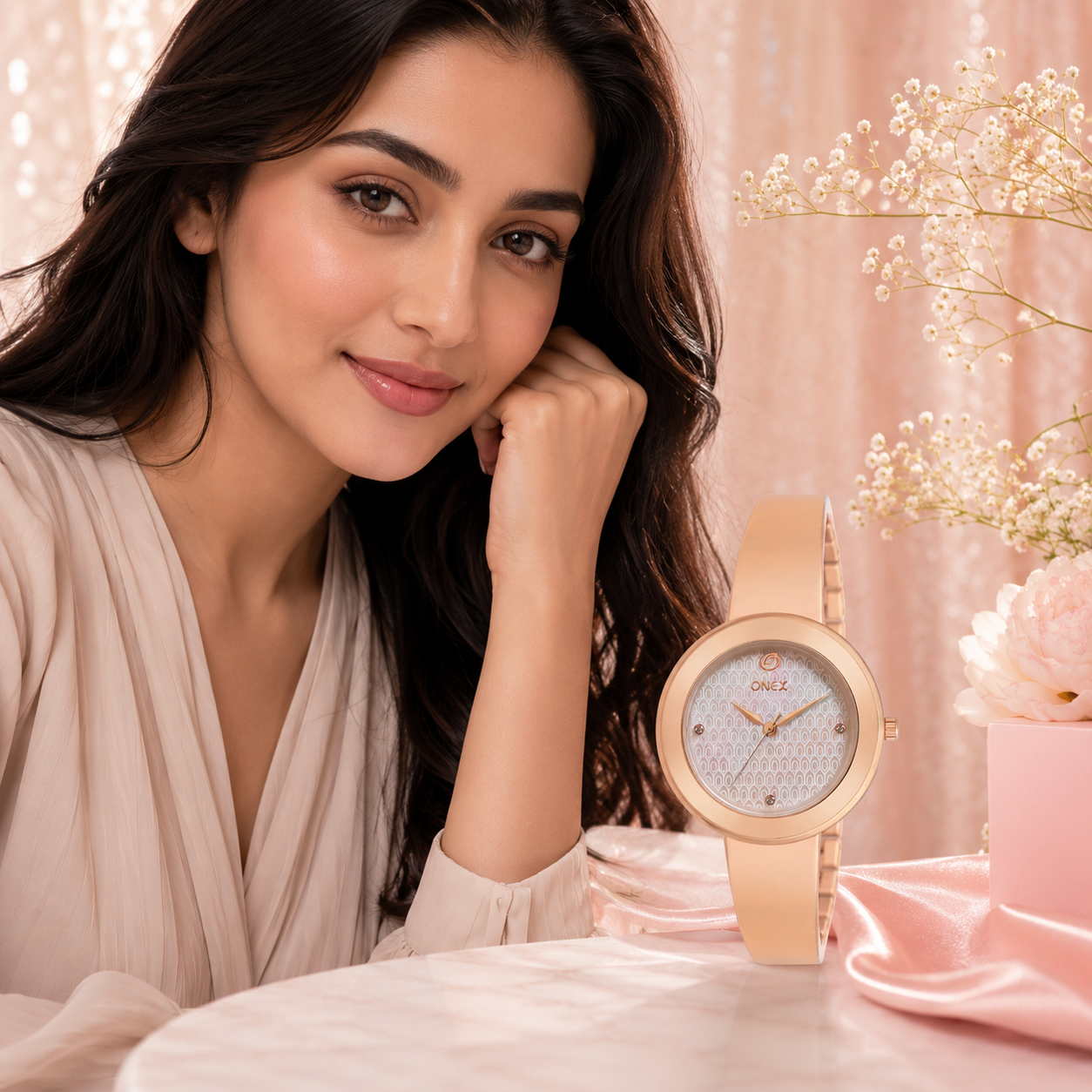 OneX Premium Rose Gold Analog Watch | Crystal-Studded Dial & Metal Bracelet