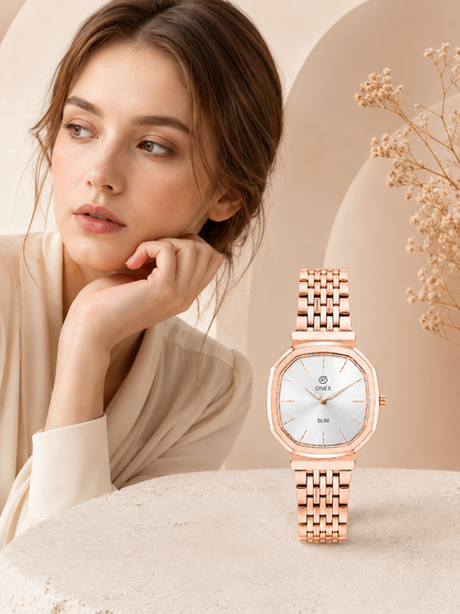 Onex Slim Rose Gold Stainless Steel Analog Watch for Women | Silver Sunray Dial | Elegant Bracelet Strap