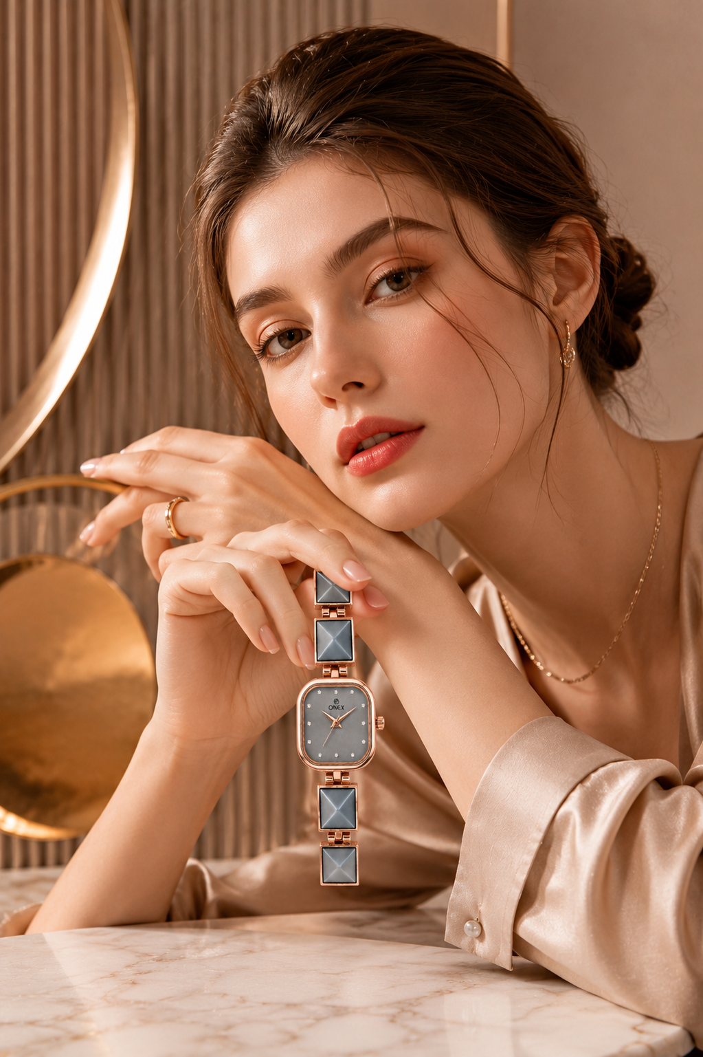 ONEX Women’s Rose Gold Square Dial Bracelet Watch with Crystal Studded Grey Dial