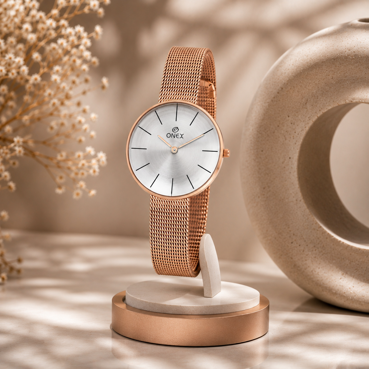 ONEX Women’s Rose Gold Analog Watch with Minimalist Dial & Mesh Metal Strap