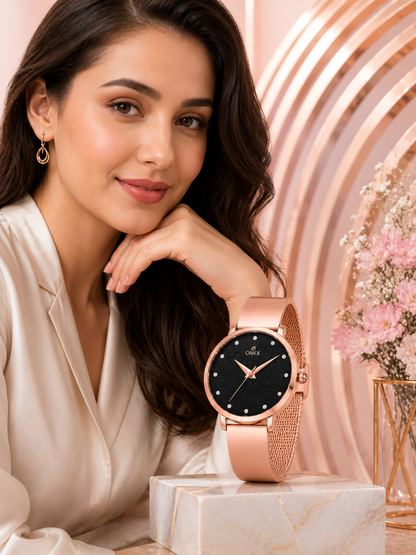 ONEX Women's Rose Gold Stainless Steel Analog Watch | Textured Black Dial with Crystal Hour Markers | Elegant Bracelet Strap | Fashion Wrist Watch for Women