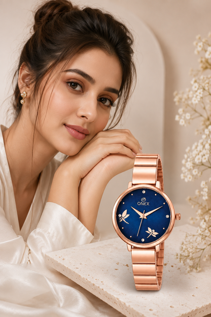 Onex Women’s Rose Gold Bracelet Watch with Crystal Markers & Dragonfly Dial